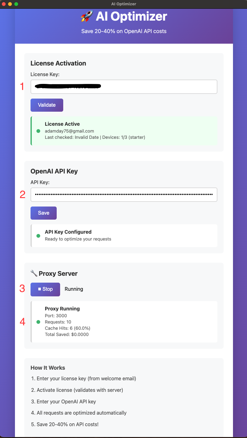 Annotated AI Optimizer app screenshot showing setup steps and live cache-hit stats