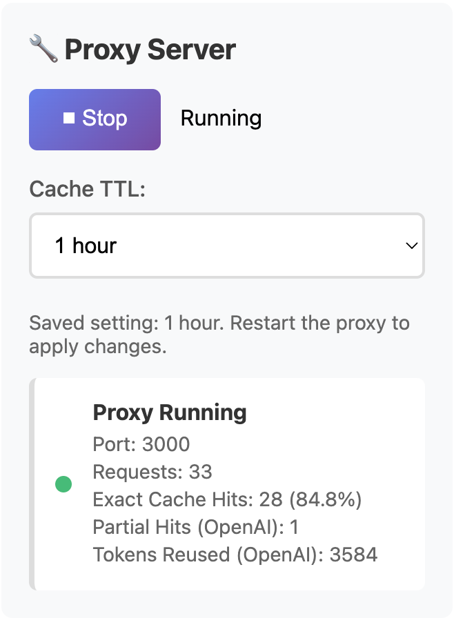 AI Optimizer dashboard showing requests, exact cache hits, partial hits, and tokens reused