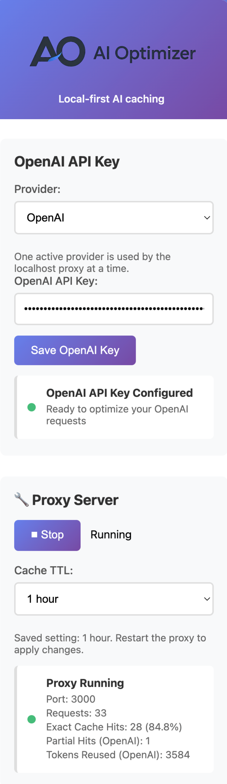AI Optimizer desktop app showing provider settings, proxy controls, and cache stats