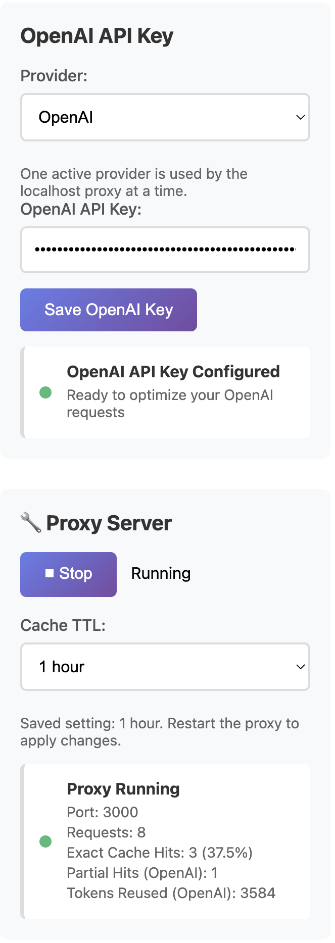 AI Optimizer showing OpenAI provider configured with proxy running and cache metrics